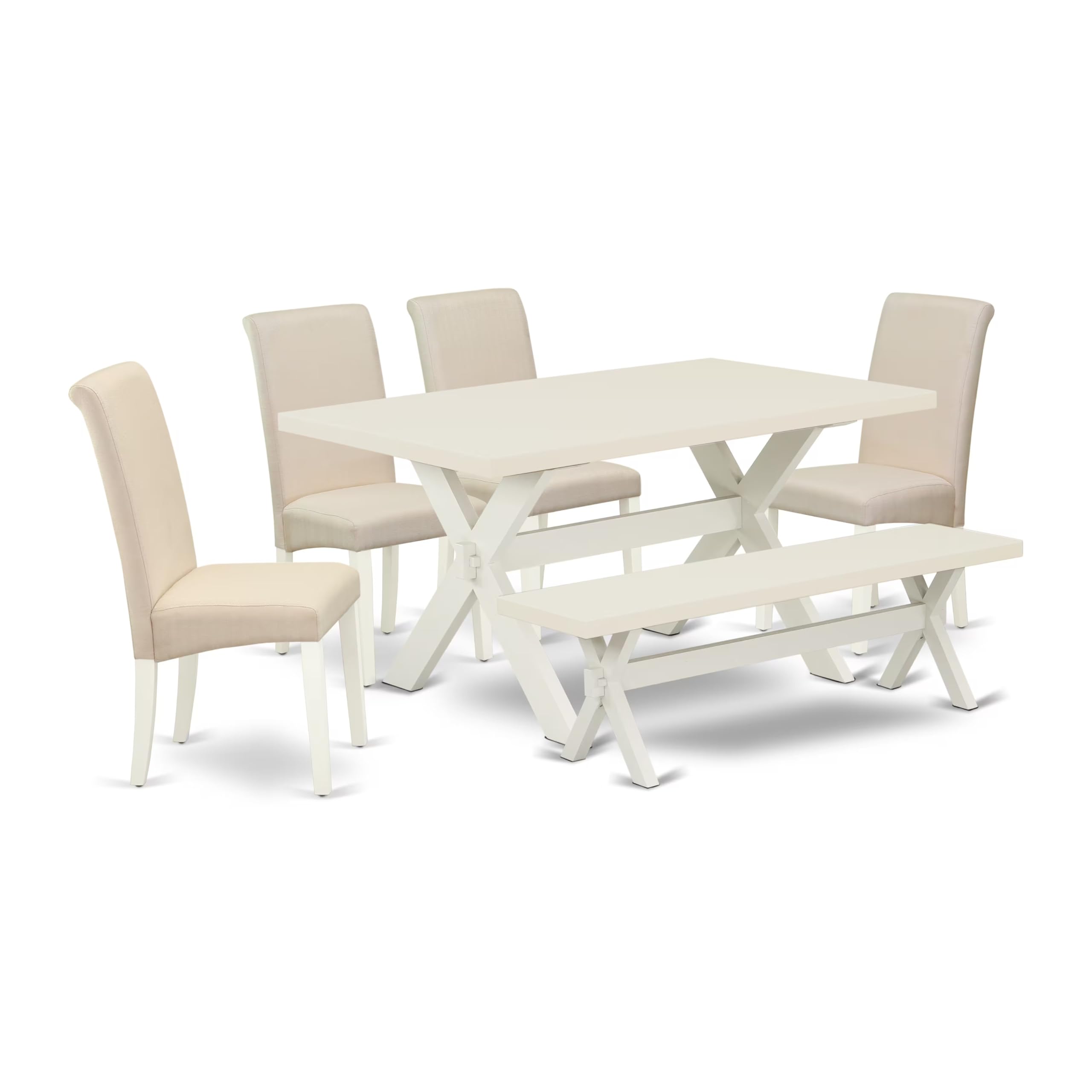 East West Furniture X026Ba201-6 6 Piece Modern Dining Table Set Contains A Rectangle Wooden Table With X-Legs And 4 Cream Linen Fabric Parson Chairs With A Bench, 36X60 Inch, Multi-Color